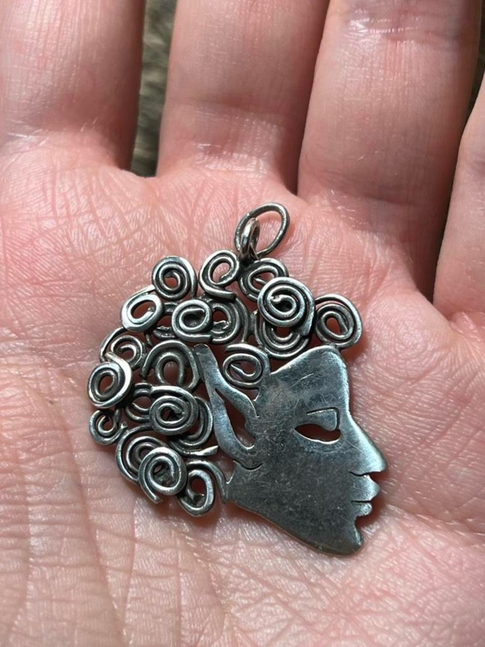 Sterling silver curly haired elven lady pendant
